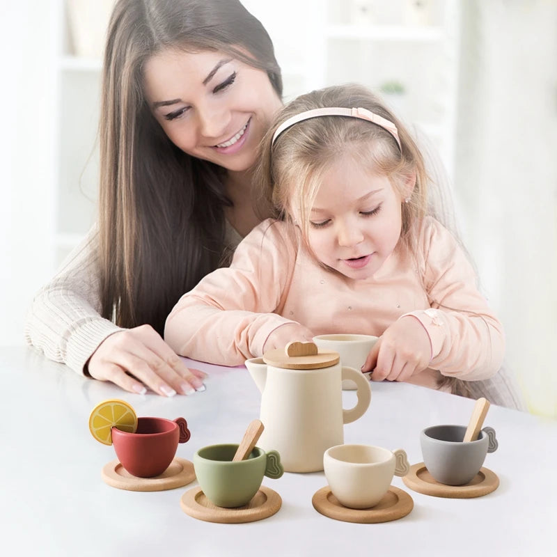 Wooden Montessori Toys Toddler Pretend Play Tea Party Set Silicone Teapot Cups Wood Tray Scoop Toys for Kids Birthday Gift